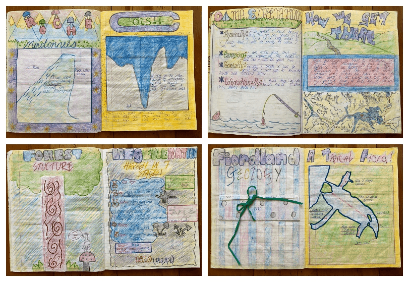 Four panels showing an old school exercise book, every inch of the pages coloured in and beautifully decorated