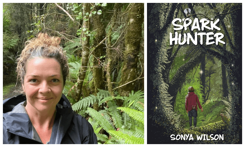 Selfie of Sonya Wilson as an adult in dense Fiordland bush; the cover of her novel, showing similar bush with a child walking through it, facing away.