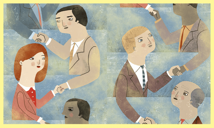 Illustration of business-looking people forming a kind of ladder by shaking hands