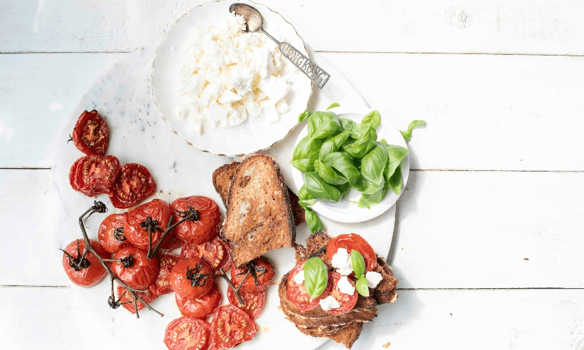 Slow-roasted tomatoes with basil and feta (Photo: Emma Boyd 

