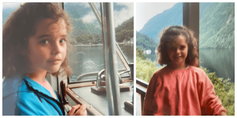 Two old photographs of a young (12?) Sonya Wilson, boating in Fiordland.