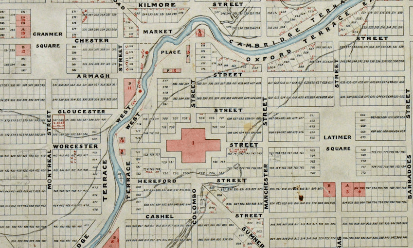 “Black Map” of Christchurch, 1850. (Image: Archives New Zealand, reference CAYN 23142 CH1031 Box 179/ 273.) 
