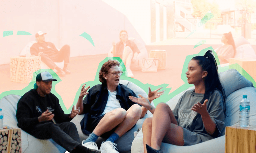 Lance Savali, Chris Parker and Edna Swart on their car park bean bags (Images: YouTube, additional design – including moving the socially distanced threesome closer together – by Tina Tiller)
