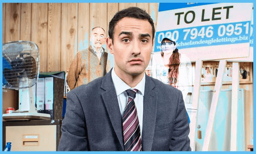 Jamie Demetriou as Stath in Stath Lets Flats (Photo: supplied; additional design by Tina Tiller) 
