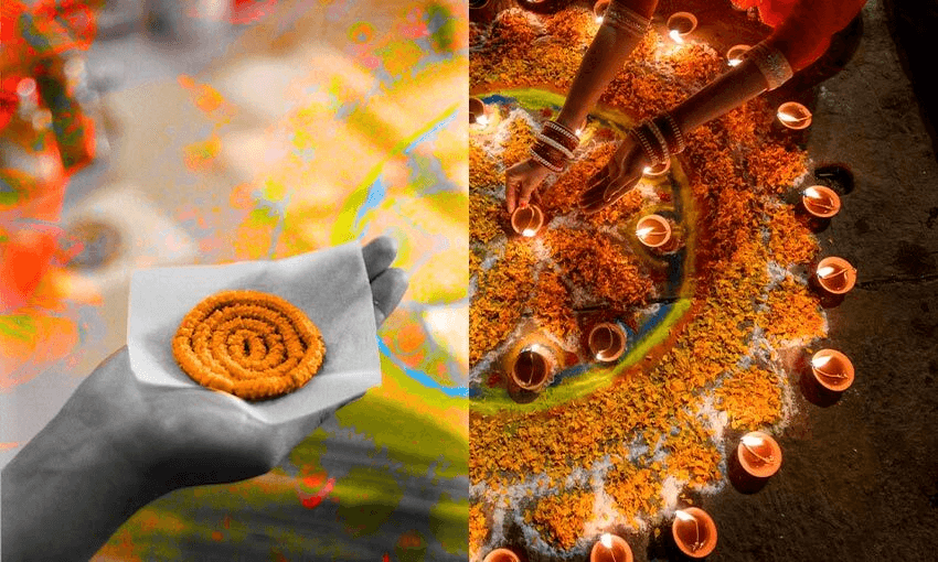 Left: making murukku (Photo by Abhi Chinniah; design Tina Tiller); right: a kōlam (Photo: Getty Images) 

