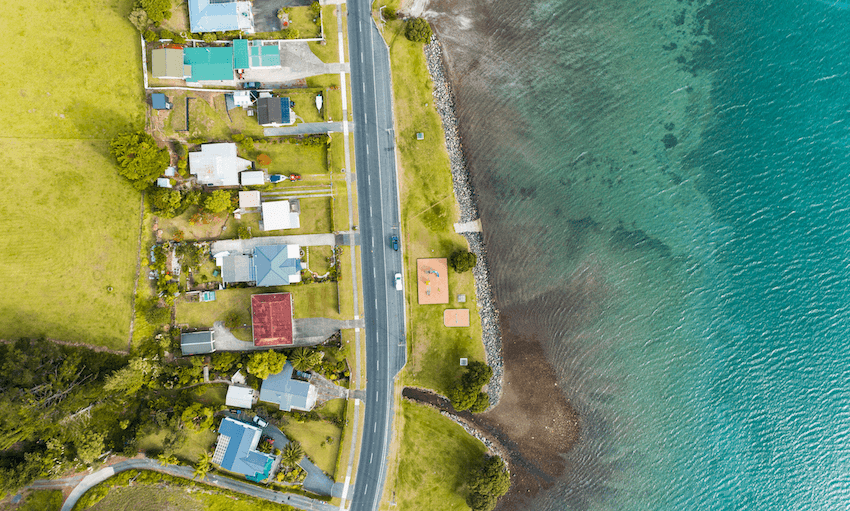 Aerial view of houses on the coast