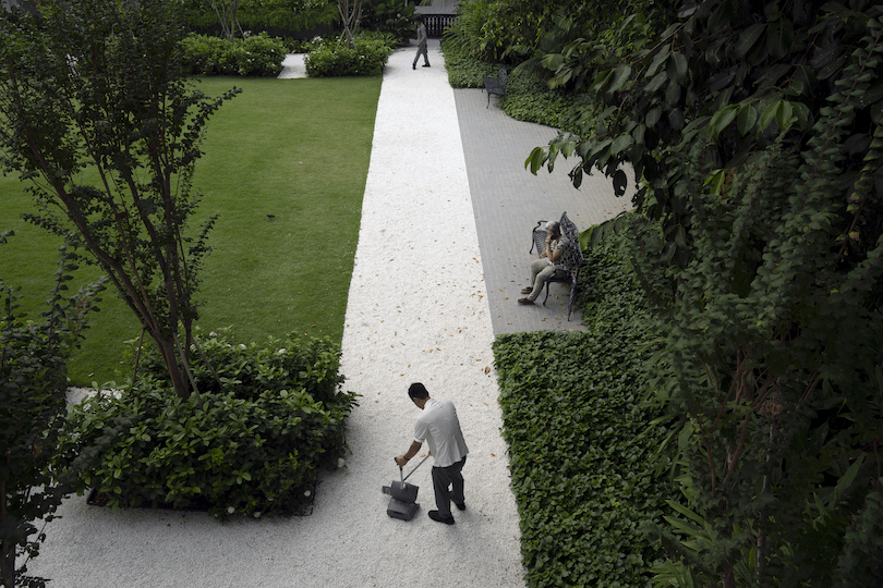 Photo of a garden, dominated by a white path which an employee is carefully sweeping leaves off. 