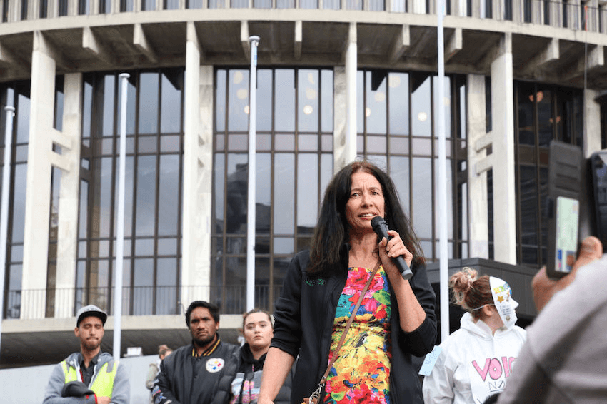 Outdoors Party Co-Leader Sue Grey addresses a rally at Parliament on 3 June 2020, attended by people protesting Covid-19 coronavirus lockdown measures, 1080 pesticide use, the rollout of 5G and other conspiracy theories. Photo by Lynn Grievson/Newsroom/Getty 
