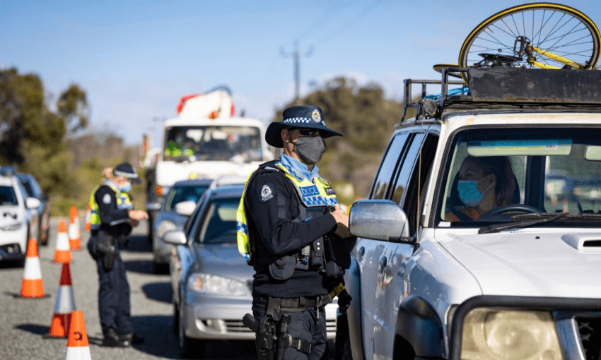 A border checkpoint north of Perth in June 2021. Photo by Matt Jelonek/Getty Images 

