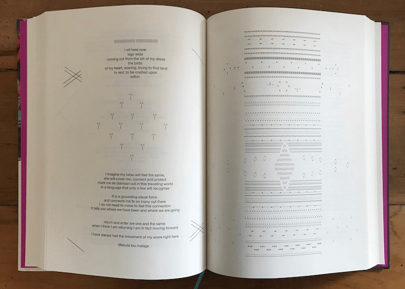 A book opened to a page showing a poem arranged in the shape of a Sāmoan malu, a tattoo worn by women.