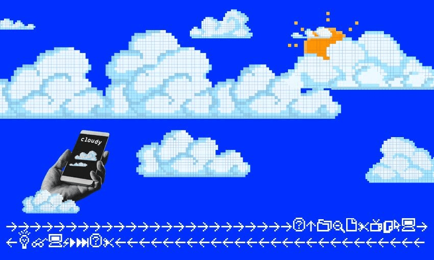 buzzy pixelated clouds and a hand holding a phone