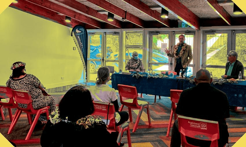 Health minister Andrew Little addressing South Auckland social service and healthcare providers at a recent meeting in Ōtara. (Photo: Justin Latif, additional edits by Tina Tiller) 
