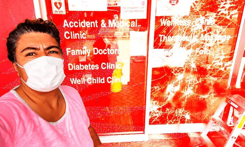 Josephine Bartley outside the Pasefika Family Health Group centre in Panmure following a vandalism attack  
