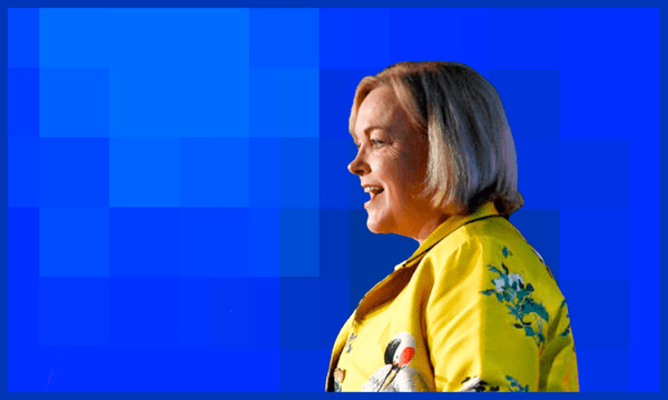 Judith Collins on the campaign trail. (Photo by Hannah Peters/Getty Images; additional design by Tina Tiller) 
