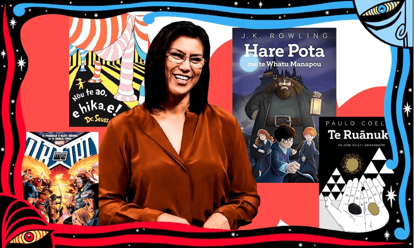 CEO of Kotahi Rau Pukapuka, Pānia Papa, surronded by some of the translated books.