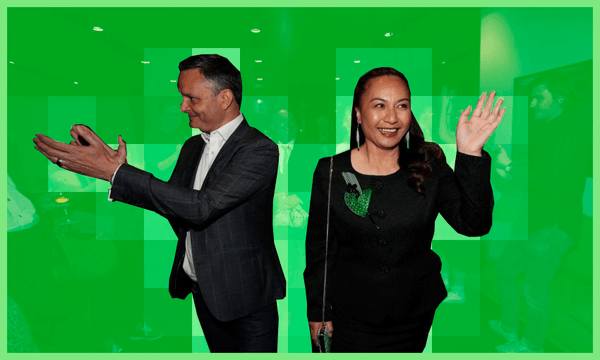 James Shaw and Marama Davidson arrive at the Green Party election night event. (Photo by Phil Walter/Getty Images; additional design by Tina Tiller) 
