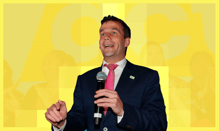 ACT leader David Seymour celebrates with his party on election night in Auckland. (Photo: Greg Bowker/Getty Images; additional design by Tina Tiller) 
