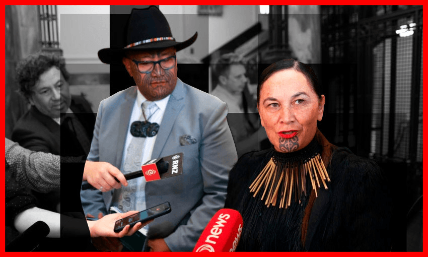 Māori Party co-leaders Debbie Ngarewa-Packer and Rawiri Waititi (Photo: Hagen Hopkins/ Getty Images; additional design by Tina Tiller) 
