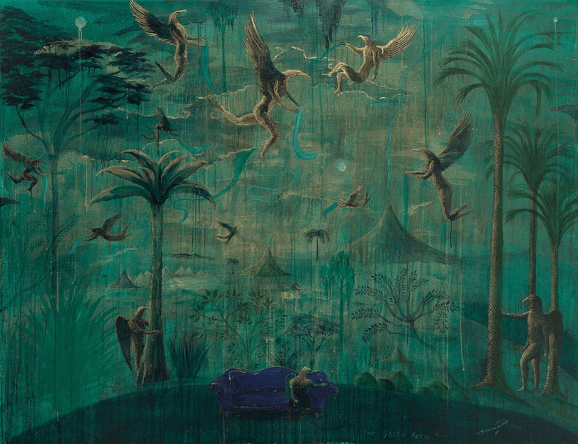 Painting, dominated by green tones, featuring palms (nikau?) and figures of birdmen.
