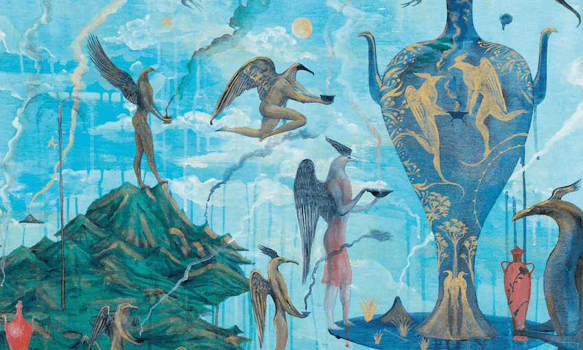 A painting: turquoise sky, figures of numerous bird-men flock to a large urn, carrying bowls.