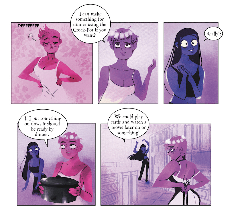 A comic book panel in which Persephone is tying on an apron and pitching that she put a Crock-Pot on for tea.