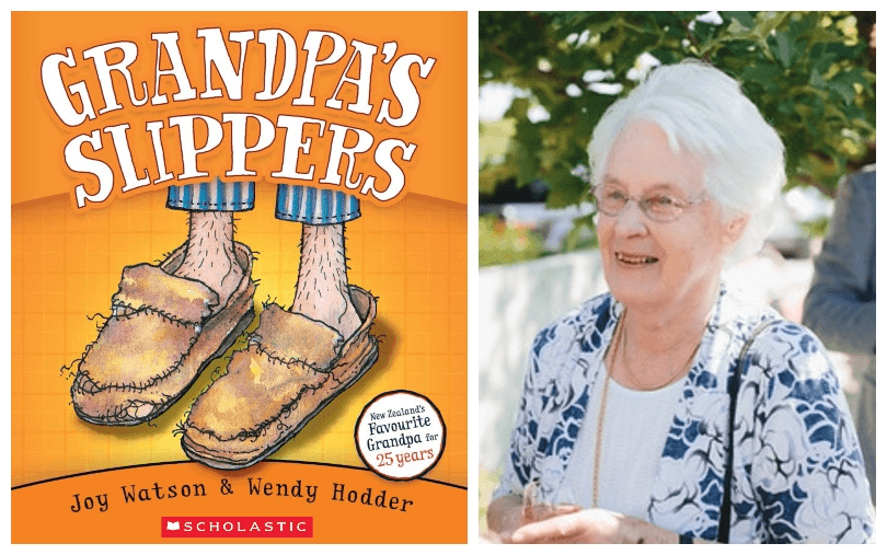 Photograph of an older lady, snowy white hair, blue and white blouse. Cover of her picture book for children. 