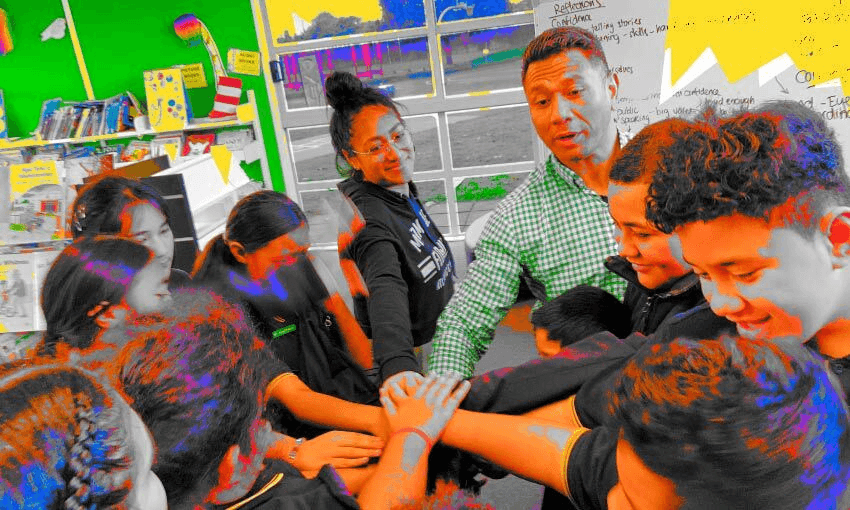 Ex-All Black Pita Alatini and award-winning hip hop dancer, Mele Tapueluelu, who both work for The Cause Collective, during their leadership skills programme at Wymondley Road School. (Photo: Supplied/Tina Tiller)