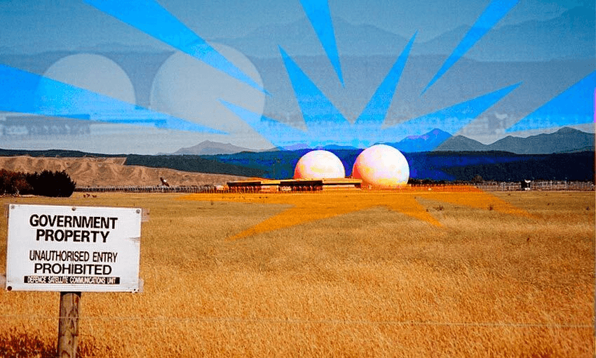 The Waihopai spybase. Photo: Schutz, CC BY-SA 3.0 via Wikimedia Commons; Additional design by Tina Tiller