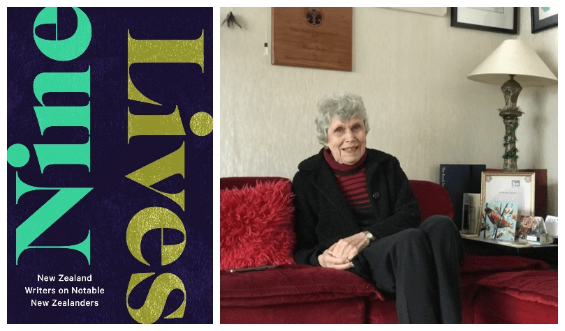 book cover; elderly woman sitting on a red sofa, looking spry and switched-on