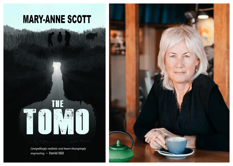 Photo of a middle-aged woman in a long-sleeved black top, having a cuppa, staring intently at camera. Book cover shows a dark scene of figures silhouetted in a field, above a cave.