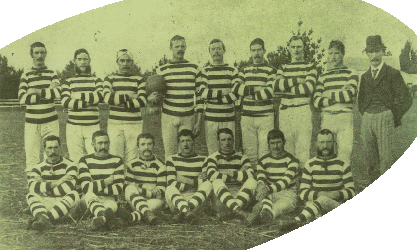 The Armed Constabulary Coastal rugby team, Rāhotu Domain, 1881. Andrew Gilhooly, captain, holds the ball (Photo: Supplied) 

