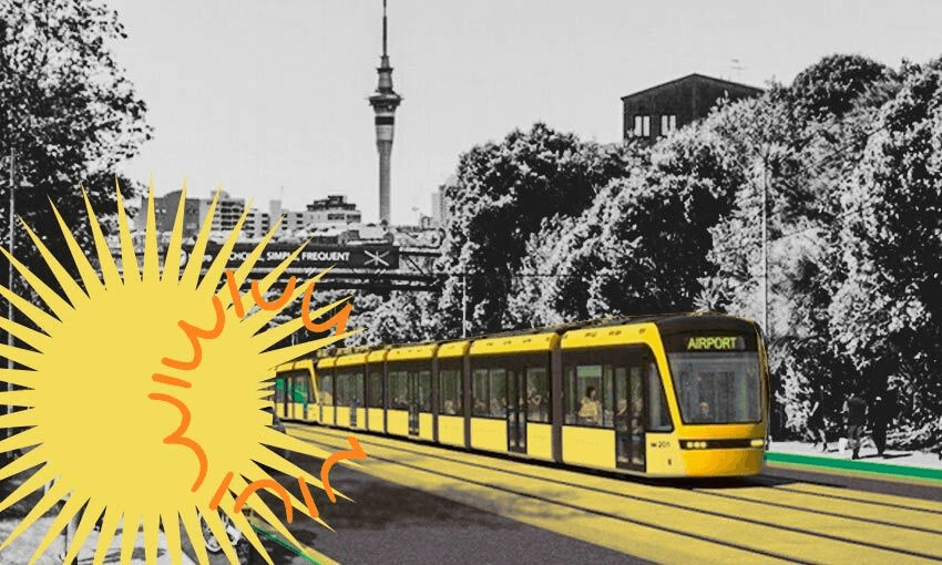 Proposed light rail on Ian McKinnon Drive (Photo: greaterauckland.org; additional design by Tina Tiller) 
