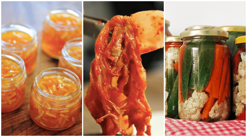 Left to right: orange marmalade, kim chi and pickled vegetables