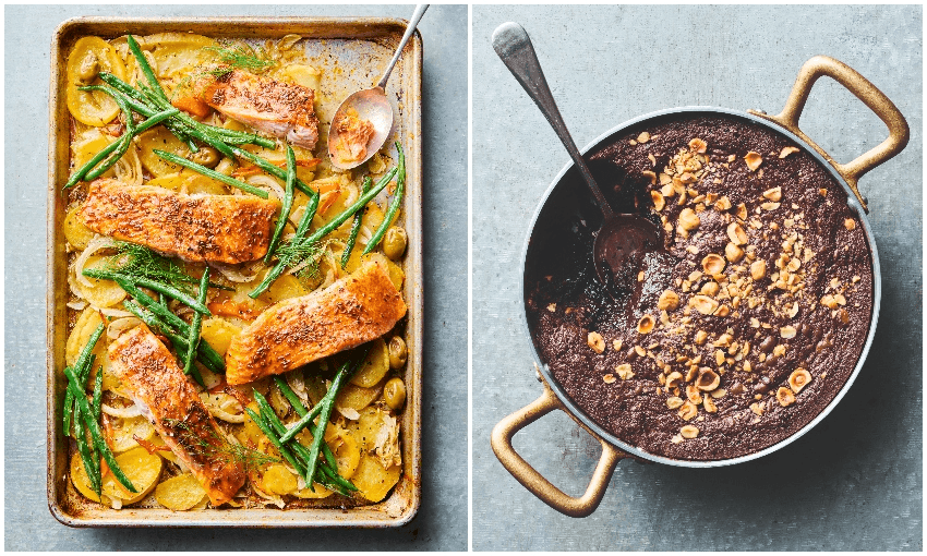 Salmon, potato, green olive and fennel tray bake and molten dark chocolate and hazelnut pudding (Photos: Josh Griggs) 
