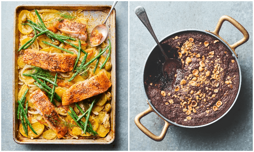 Salmon, potato, green olive and fennel tray bake and molten dark chocolate and hazelnut pudding (Photos: Josh Griggs)