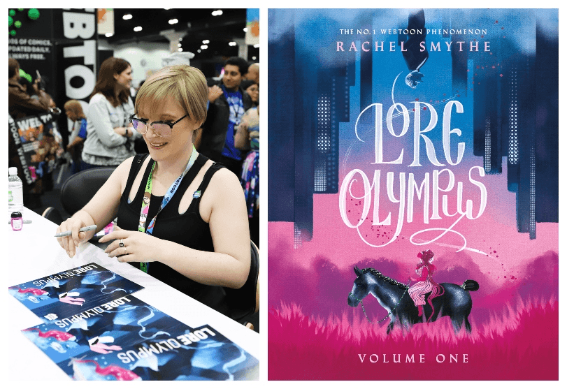 Photograph of a woman with blonde pixie cut, wearing black singlet, at a signing table at a convention.