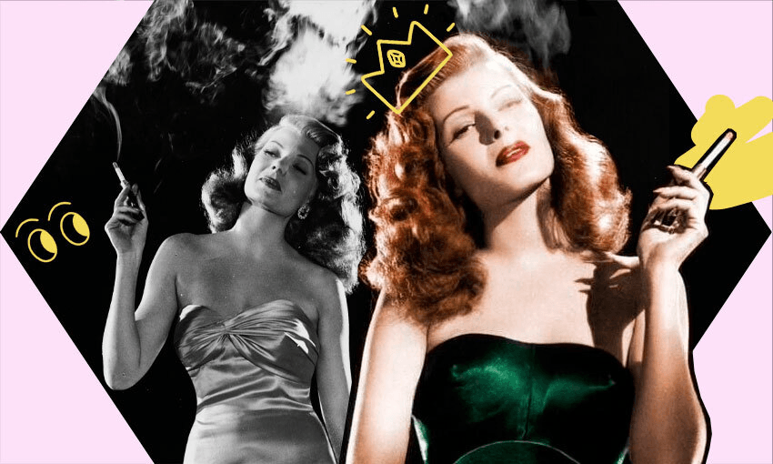 Rita Hayworth in strapless emerald satin, smoking a cigarette and freaking loving it, smoke drifting above her. Photograph has been reproduced in colour and black and white with design elements.