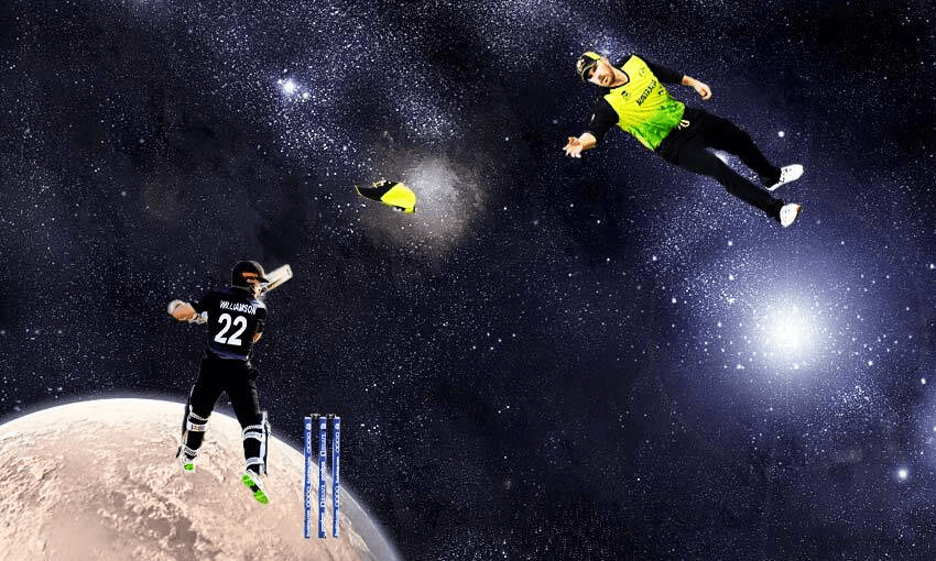 Aaron Finch and Kane Williamson having  quick round of space cricket. Image: Tina Tiller, Getty Images 
