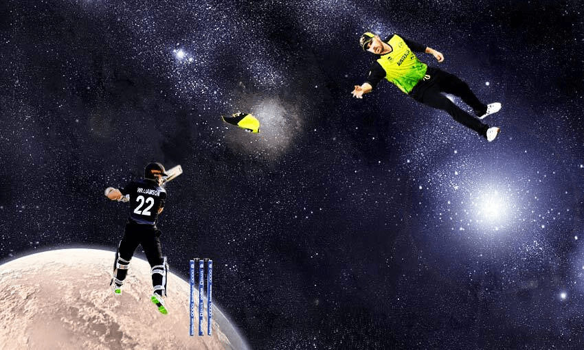 Aaron Finch and Kane Williamson having quick round of space cricket. Image: Tina Tiller, Getty Images