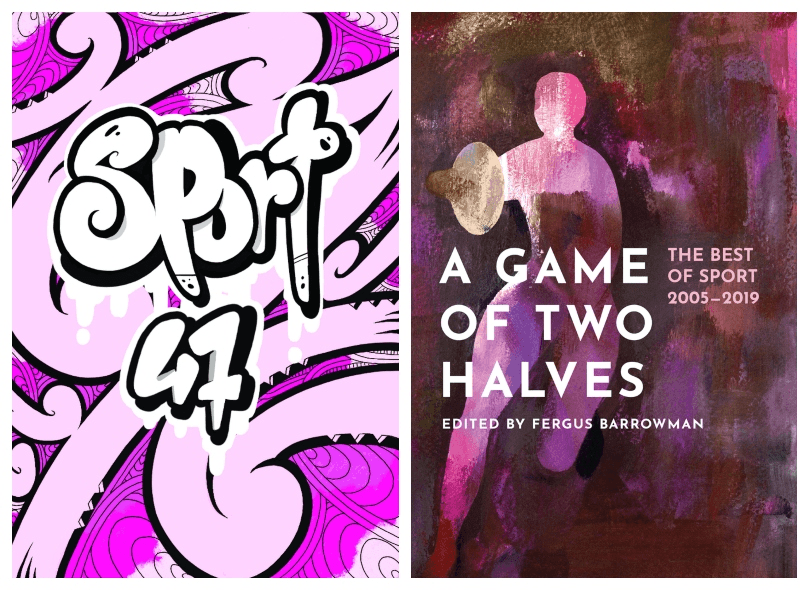 Rad pink and purple cover of Sport 47; similarly-toned cover of an anthology, featuring a painting of a figure running with a ball.