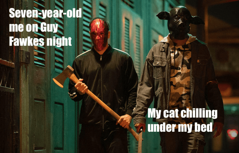 Two characters from horror film The Purge - a character with an axe captioned "Seven your-old me on Guy Fawkes" and a character in a pig mask captioned "My cat chilling under my bed"