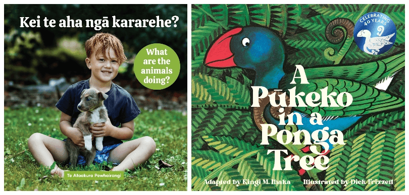 Two book covers: in the first, a young red-headed boy with a sweet undercut and a big grin sits in the grass, holding a puppy. The second is an illustration of a pūkeko in bright green ponga leaves. 