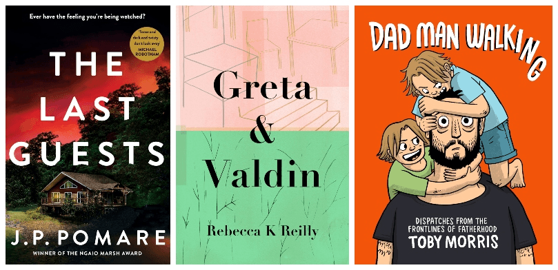 Three book covers: thriller with a spooky lakeside house, novel with a simple cover of pastel green and turquoise, comic book with a bright orange background, two kids swarming a dad.