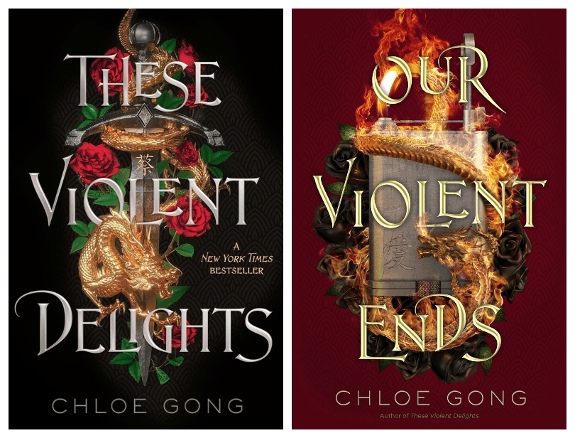 Two novels, both featuring a golden dragon twisting around roses. Cover on left also features a dagger; on right, a lighter and flames.