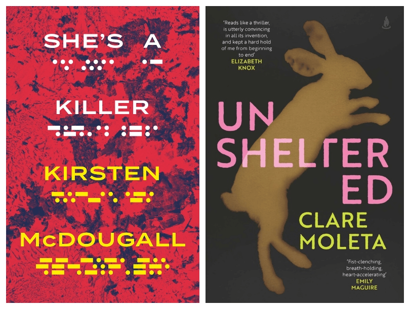 Two book covers, the first bright red with the title picked out in yellow blips, like morse code; the second an image of a dead rabbit on a black background.