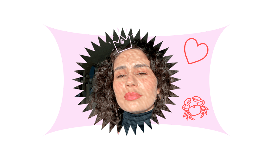 Photograph of a young woman, confident look on her face, dappled light, curls. Design elements include heart illustration, crab illustration, pink background.