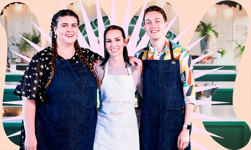 The three finalists of The Great Kiwi Bake Off 2021: Courtnay, Jasmin and Alby (Photo: TVNZ/Tina Tiller) 
