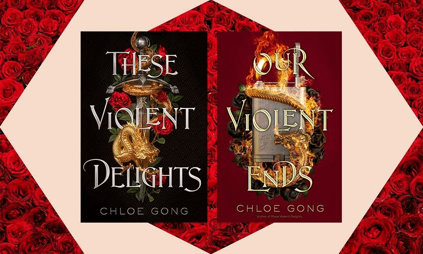 Two book covers, both fiery, featuring golden dragons and flame, a dagger. Set on background of red roses.
