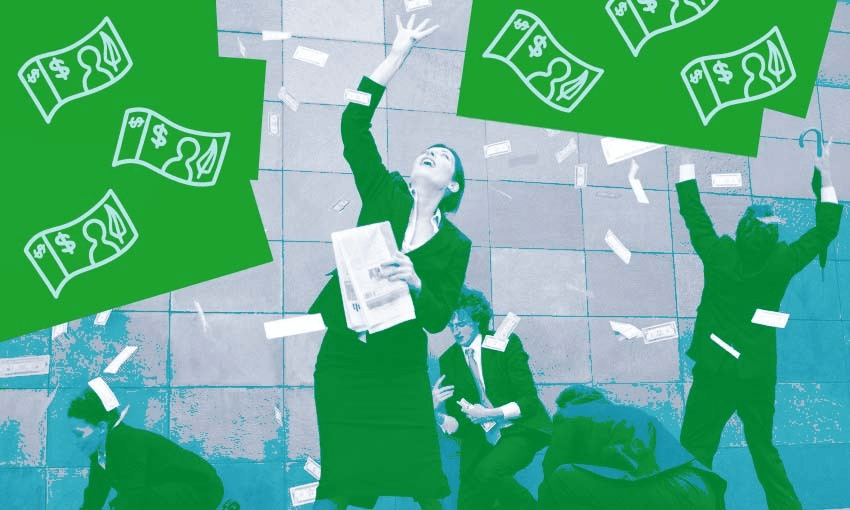 business people grabbing dollar bills from the air