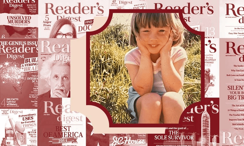 Childhood pic of a little girl sitting, elbows on knees, hands on her head. Surrounded by collage of vintage-looking Reader's Digests.
